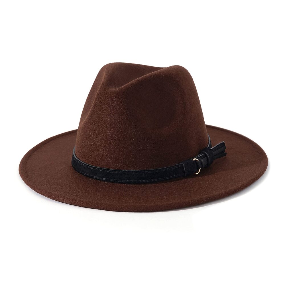 6860 & Vintage Wide Brim Fedora Hat with Belt Buckle B-Coffee, L; Hat